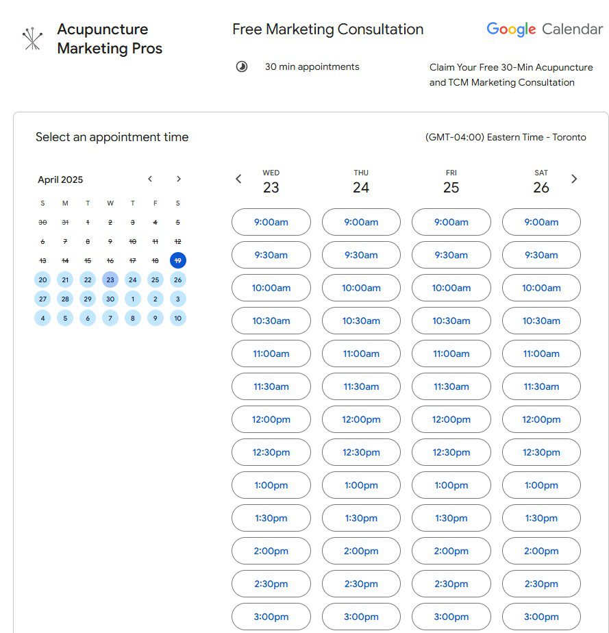 Example of an integrated online booking page used in acupuncture marketing services