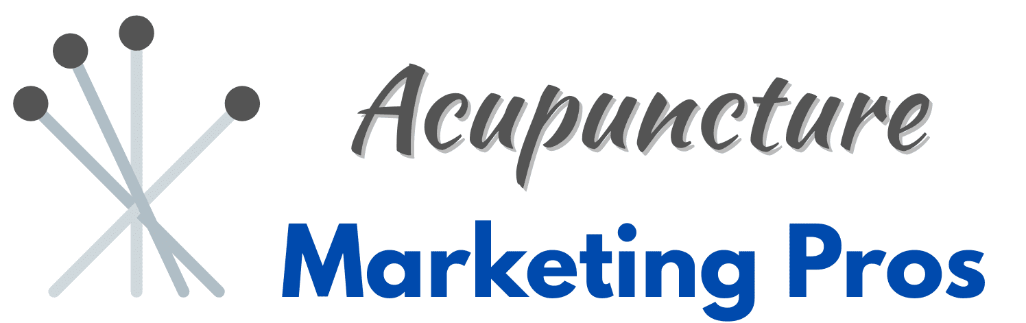 Acupuncture Marketing Pros logo with silver needles and bold blue clinic marketing text
