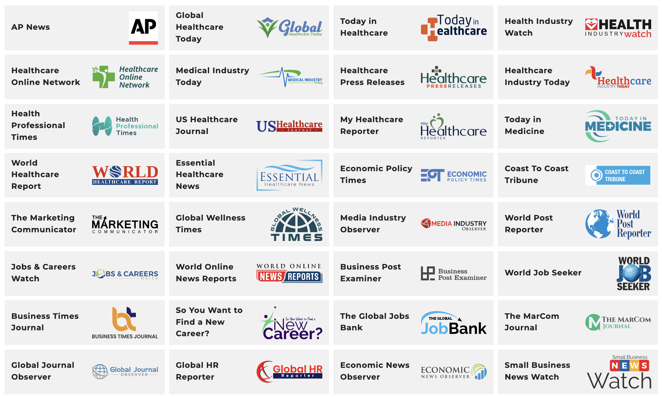 Logos of top healthcare media outlets featuring our acupuncture marketing agency, including Global Healthcare Today and US Healthcare Journal